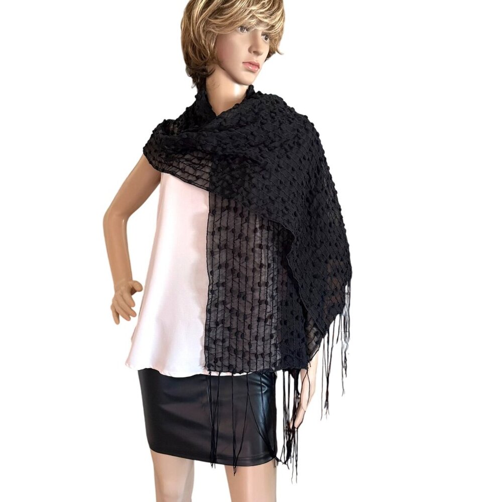 Elegant Black Sheer Mesh Shawl Mini Poms Textured Fringe Night Out Goth Boho